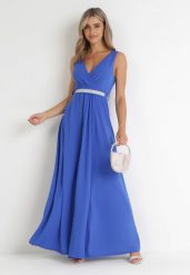Niebieska Sukienka Rozkloszowana Maxi z Paskiem w Cyrkonie i Wycięciem Neorise. Niebieskie sukienki damskie Born2be, z aplikacjami, z materiału, bez ramiączek. Za 169.99 zł.