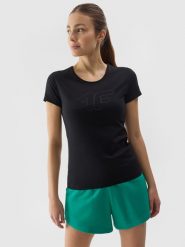 4F T-shirt slim z nadrukiem damski - czarny S. Czarne t-shirty damskie 4F, s, bez wzorów, z bawełny, bez kołnierzyka. W wyprzedaży za 39.99 zł.