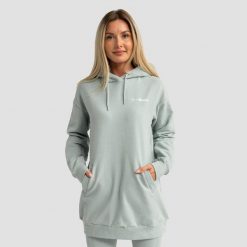 Bluza damska fitness z kapturem długa eukaliptowa Limitless Longline. Zielone bluzy damskie GYMBEAM, l, bez wzorów, z bawełny, z kapturem. Za 127.90 zł.