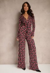 Bordowy Kopertowy Kombinezon z Wiskozą z Szerokimi Nogawkami i Paskiem w Geometryczny Wzór Botavia. Czerwone sukienki damskie Renee, bez wzorów, z materiału, eleganckie, bez ramiączek. W wyprzedaży za 119.99 zł.