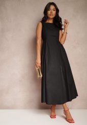 Czarna Rozkloszowana Sukienka Koktajlowa z Bawełny z Dekoltem Łódką i Kieszeniami Fanilra. Czarne sukienki damskie Renee, bez wzorów, z bawełny, eleganckie, bez ramiączek. W wyprzedaży za 127.99 zł.