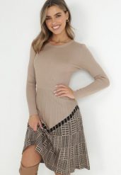 Beżowa Sukienka z Wiskozy z Plisowanym Dołem Vallzore. Brązowe sukienki damskie Born2be, bez wzorów, z dzianiny, bez ramiączek. Za 129.99 zł.