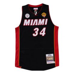 Koszulka NBA Miami Heat Authentic Ray Allen Road Finals 2012/13. Czarne bluzki damskie Mitchell & Ness, bez wzorów, z poliesteru, sportowe, bez kołnierzyka, bez ramiączek. W wyprzedaży za 899.50 zł.