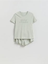 Bawełniana piżama dwuczęściowa - jasnozielony. Zielone piżamy damskie Reserved, bez wzorów, z bawełny, bez ramiączek. Za 79.99 zł.