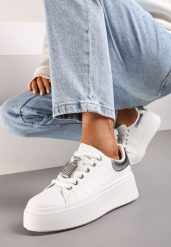 Biało-Srebrne Sneakersy na Platformie Ozdobione Cyrkoniami i Aplikacją 3D Daneria. Białe obuwie sportowe damskie Renee, z materiału, bez zapięcia. Za 74.99 zł.