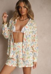 Beżowa Bawełniana Koszula w Kwiatowy Wzór Nilaira. Brązowe koszule damskie Renee, l, bez wzorów, z bawełny, eleganckie, bez kołnierzyka, bez ramiączek. Za 109.99 zł.