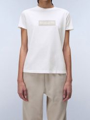 Napapijri Koszulka "Box Logo" w kolorze białym rozmiar: S. Białe bluzki damskie Napapijri, s, bez wzorów, z bawełny, bez kołnierzyka, bez ramiączek. Za 87.81 zł.