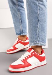 Biało-Czerwone Sneakersy z Ekoskóry ze Sznurowaniem i Brokatem Hrelia. Białe obuwie sportowe damskie Born2be, z jeansu, bez zapięcia. Za 84.99 zł.