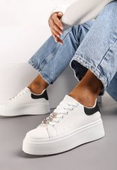 Biało-Czarne Sneakersy z Cyrkoniami na Sznurówkach z Platformą Nomiji. Białe obuwie sportowe damskie Renee, z jeansu, bez zapięcia. Za 79.99 zł.