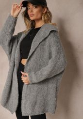 Szary Kardigan z Domieszką Wełny i Wiskozy Zdobiony Szerokim Kołnierzem Venvella. Szare kardigany damskie Renee, z aplikacjami, z jeansu. Za 169.99 zł.