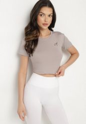 Jasnoszary T-shirt Crop Top Ozdobiony Literką Koliviela. Szare t-shirty damskie Born2be, l, z aplikacjami, z jeansu, bez kołnierzyka. Za 29.99 zł.
