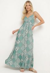 Zielona Wiskozowa Sukienka z Kopertowym Dekoltem i Gumką w Talii w Stylu Boho Verfalia. Zielone sukienki damskie Born2be, bez wzorów, z tkaniny, boho, bez ramiączek. Za 79.99 zł.