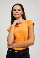 Bawełniany t-shirt bez wzorów pomarańczowy. Brązowe t-shirty damskie MOODO, s, bez wzorów, z bawełny, bez kołnierzyka. W wyprzedaży za 11.99 zł.