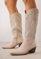 Beżowe Kozaki Kowbojki na Stożku z Ozdobnymi Przeszyciami w Stylu Western Nulia. Brązowe kozaki damskie Renee, z jeansu, bez obcasa, na obcasie, bez zapięcia. Za 199.99 zł.