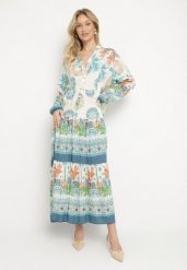 Jasnoniebieska Wiskozowa Sukienka w Etniczne Wzory o Rozkloszowanym Kroju Xarisen. Niebieskie sukienki damskie Born2be, bez wzorów, z wiskozy, eleganckie, bez ramiączek. Za 99.99 zł.