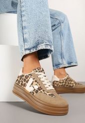 Beżowe Panterkowe Sneakersy na Kauczukowej Podeszwie Ellirielle. Brązowe obuwie sportowe damskie Renee, z jeansu, bez zapięcia. Za 79.99 zł.