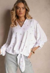 Biała Bluzka z Kołnierzykiem i Metalicznym Wzorem Nonelle. Białe bluzki damskie Renee, l, bez wzorów, eleganckie, bez kołnierzyka, bez ramiączek. Za 59.99 zł.