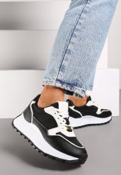 Czarne Sneakersy na Platformie z Ozdobną Aplikacją Przy Wiązaniu Amirorae. Czarne obuwie sportowe damskie Born2be, z jeansu, bez zapięcia. Za 99.99 zł.