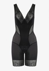 Czarne Modelujące Body z Koronkowymi Wstawkami Tisella. Czarne bielizna korygująca Renee, bez wzorów, z koronki. Za 59.99 zł.