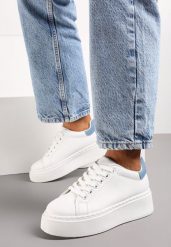 Biało-Niebieskie Sneakersy na Platformie Rilame. Białe obuwie sportowe damskie Born2be, z materiału, bez zapięcia. Za 84.99 zł.