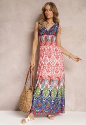 Czerwono-Granatowa Sukienka Maxi w Stylu Boho z Gumką w Pasie Bernette. Czerwone sukienki damskie Renee, bez wzorów, boho, bez ramiączek. W wyprzedaży za 63.99 zł.
