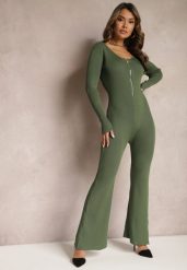 Zielony Kombinezon Bodycon z Prążkowanej Wiskozy ze Spodniami Typu Dzwony i Suwakiem Lavirna. Zielone sukienki damskie Renee, bez wzorów, prążkowane, eleganckie, bez ramiączek. W wyprzedaży za 107.99 zł.