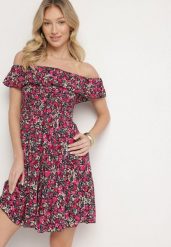 Czarna Sukienka z Bawełny Typu Hiszpanka z Falbankami w Kwiaty Aenne. Czarne sukienki damskie Born2be, bez wzorów, z bawełny, eleganckie, bez ramiączek. Za 69.99 zł.