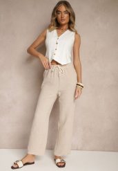 Beżowe Spodnie High Waist z Szeroką Nogawką i Gumką w Pasie Mirarena. Brązowe spodnie materiałowe damskie Renee, bez wzorów, z jeansu. Za 44.99 zł.