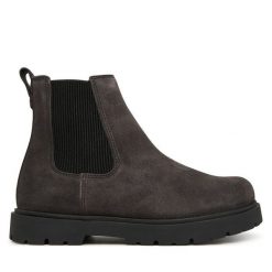 Sztyblety Birkenstock. Szare botki damskie Birkenstock, bez obcasa, na płaskiej podeszwie, bez zapięcia. Za 854.99 zł.