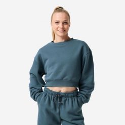 Bluza fitness damska Domyos crop. Niebieskie bluzy damskie DOMYOS, l, bez wzorów, z bawełny, bez kaptura. Za 129.99 zł.
