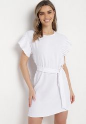 Biała Mini Sukienka Rozkloszowana z Paskiem w Talii i Ozdobnym Rękawem Allairi. Białe sukienki damskie Born2be, bez wzorów, bez ramiączek. Za 69.99 zł.