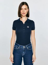 Koszulka damska polo w prążek granatowa Rella 403. Niebieskie koszulki damskie Big Star, l, bez wzorów, z denimu, bez kołnierzyka, bez ramiączek. Za 119.99 zł.