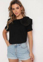 Czarny Bawełniany T-shirt z Materiałową Aplikacją 3D Jolilena. Czarne t-shirty damskie Born2be, l, z aplikacjami, z bawełny, bez kołnierzyka. Za 44.99 zł.