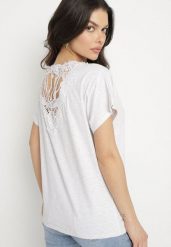 Jasnoszary Bawełniany T-shirt Nietoperz z Perłami i Koronką Eleziria. Szare t-shirty damskie Born2be, l, bez wzorów, z bawełny, bez kołnierzyka. Za 34.99 zł.