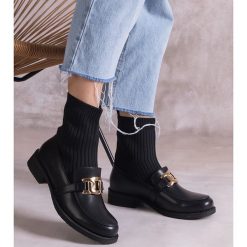 Czarne botki z materiałową cholewką. Czarne botki damskie z materiału, eleganckie, bez obcasa, bez zapięcia. Za 80.34 zł.