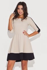 Elegancka Beżowo-Czarna Sukienka z Rękawem 3/4 z Kolorowymi Lamówkami. Brązowe sukienki damskie Katrus, bez wzorów, z lycry, eleganckie, bez ramiączek. Za 259.00 zł.