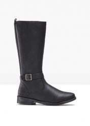 Kozaki z szeroką cholewką. Czarne kozaki damskie bonprix, ze skóry, bez obcasa, bez zapięcia. Za 189.99 zł.