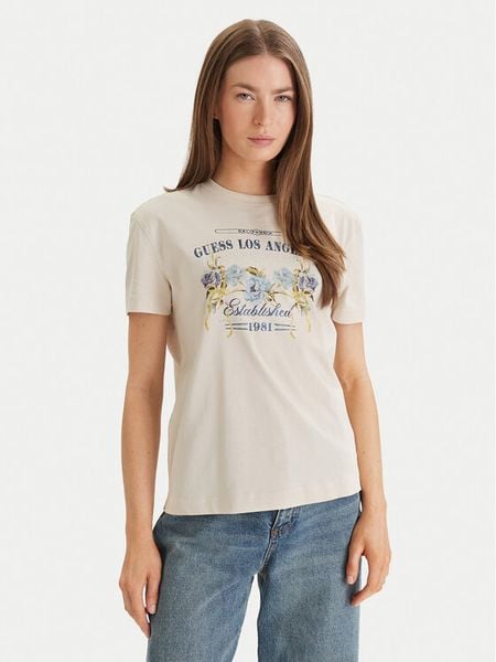 Guess T-Shirt W6GI27 K3160 Beżowy Regular Fit. Brązowe t-shirty damskie Guess, s, z aplikacjami, z bawełny, bez kołnierzyka. Za 110.99 zł.