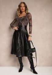 Czarna Spódnica z Ekoskóry High Waist o Rozkloszowanym Kroju na Napy i Guziki Ilalira. Czarne spódnice damskie Renee, l, z aplikacjami, eleganckie, midi. Za 69.99 zł.
