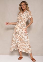 Jasnobeżowa Bawełniana Sukienka w Zebrę o Koszulowym Kroju z Wiązanym Paskiem Florloti. Brązowe sukienki damskie Renee, bez wzorów, z bawełny, eleganckie, bez ramiączek. W wyprzedaży za 99.99 zł.