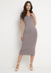 Szara Sukienka Dopasowana Bodycon z Dekoltem w Serek Efricene. Szare sukienki damskie Born2be, bez wzorów, z jeansu, klasyczne, bez ramiączek. W wyprzedaży za 110.49 zł.