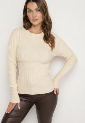 Beżowy Sweter z Wiskozą Ozdobiony Tłoczeniem Savinia. Brązowe swetry klasyczne damskie Born2be, z jeansu, bez kołnierzyka. Za 99.99 zł.