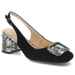 Czółenka damskie S.Barski, ze skóry naturalnej zamszowej odkryta pięta pasek z regulacją ozdobna klamra stabilny obcas elegancki styl, czarne, LZ61-2. Czarne czółenka damskie S.BARSKI, bez wzorów, ze skóry, bez obcasa, na obcasie. Za 263.90 zł.