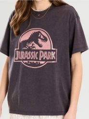 Koszulka oversize Jurassic Park - szary. Szare koszulki damskie Sinsay, l, bez wzorów, bez kołnierzyka, bez ramiączek. Za 39.99 zł.