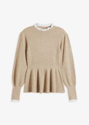 Sweter z koszulową wstawką. Szare swetry klasyczne damskie bonprix, bez kołnierzyka. Za 119.99 zł.