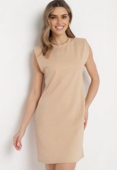 Beżowa Sukienka Pudełkowa z Podkreślonymi Ramionami Mimossa. Brązowe sukienki damskie Born2be, bez wzorów, wakacyjne, bez ramiączek. Za 119.99 zł.