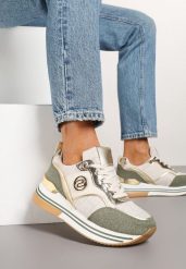 Beżowo-Zielone Sneakersy na Grubej Podeszwie z Metalicznymi Wstawkami Gonnith. Brązowe obuwie sportowe damskie Born2be, na jesień, z jeansu, bez zapięcia, trekkingowe. Za 109.99 zł.