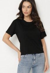 Czarny Gładki T-shirt z Bawełny o Klasycznym Kroju Natime. Czarne t-shirty damskie Born2be, l, bez wzorów, z bawełny, bez kołnierzyka. Za 39.99 zł.