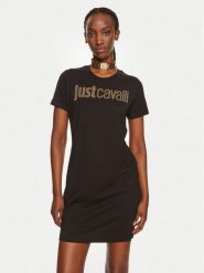 Just Cavalli Sukienka codzienna 76PAOE04 Czarny Regular Fit. Czarne sukienki damskie Just Cavalli, bez wzorów, z bawełny, bez ramiączek. Za 339.99 zł.