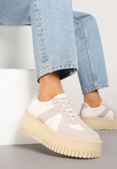 Beżowo-Szare Sneakersy Typu Tenisówki na Żłobionej Platformie Lorreia. Brązowe obuwie sportowe damskie Renee, bez wzorów, z jeansu, bez zapięcia. Za 89.99 zł.
